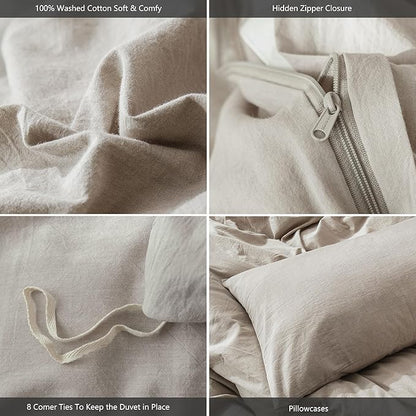 MooMee Bedding Duvet Cover Set 100% Washed Cotton Linen Like Textured Breathable Durable Soft Comfy (Heathered Tannish Linen Grey, Super Queen 90"x98")