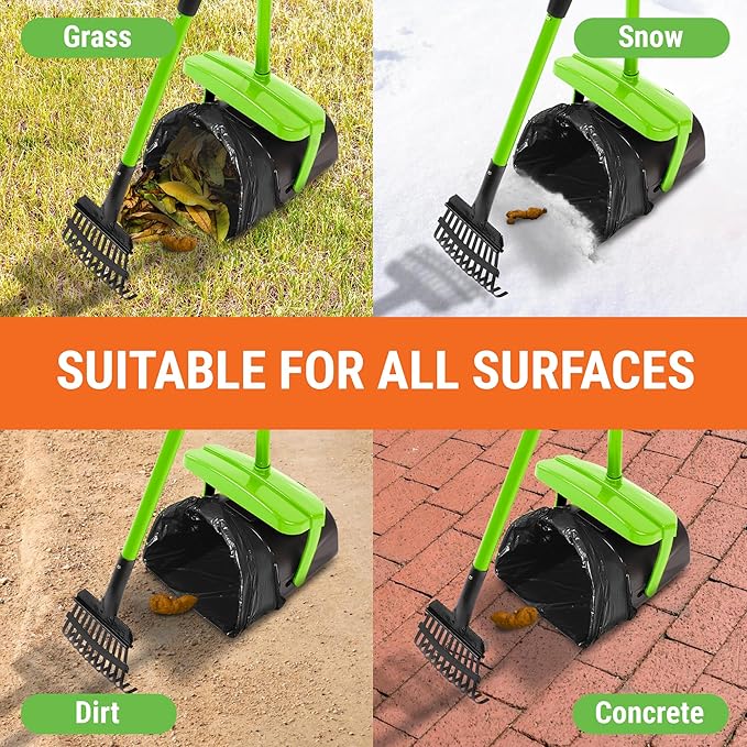 Dog Pooper Scooper with Bag Attachment, 40" Long Handle Pooper Scooper for Large Dogs, Dog Poop Scoop for Yard, Large Capacity Swivel Bin and Rake, Lavender Scented Bags (Green)-Mewly Pet