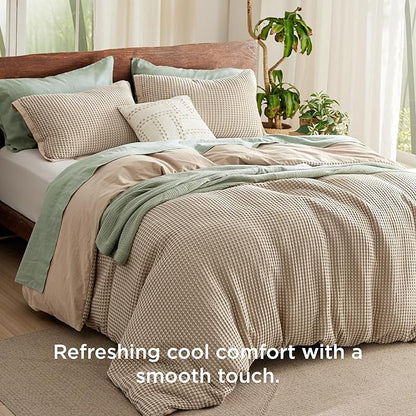 Bedsure Cooling Waffle Duvet Cover Queen - Cotton Blend Rayon Derived from Bamboo Duvet Cover Set for Hot Sleepers, Breathable Bedding Set with a Vintage Charm, 3 Pieces (Taupe, Queen, 90"x90")
