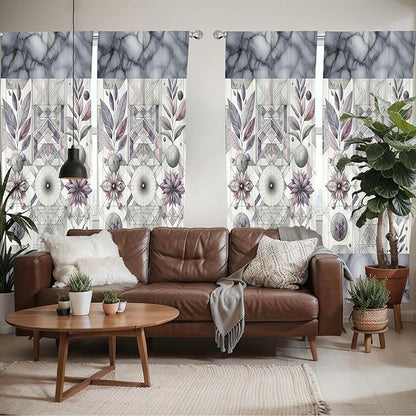 Ambesonne Geometric Floral Window Curtains Pack of 2, Classic Marble Print Ornate Leafy Flowers and Futurist Stripes, Lightweight Set with Rod Pocket, 4 Panels of - 28" x 63", Ceil Blue Laurel Green