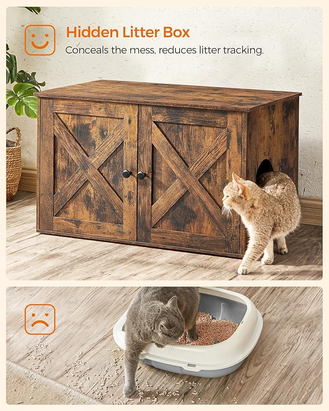 Feandrea Cat Litter Box Enclosure, Litter Box Furniture Hidden with Removable Divider, Indoor Cat House, End Table, 31.5 x 20.9 x 19.7 Inches, Rustic Brown UPCL002X01-Mewly Pet