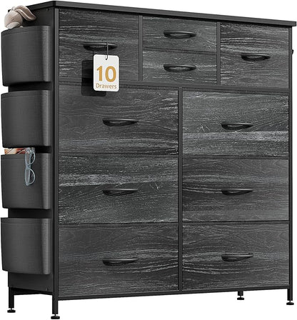 Dresser for Bedroom with 10 Drawers, Chest of Drawers with Side Pockets, Hooks, Wooden Top and Sturdy Metal Frame, Fabric Dresser Drawers for Living Room, Hallway (Black Wood Veins)