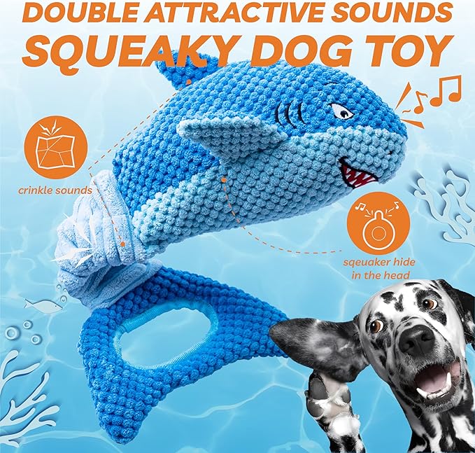 Dog Toys for Large Dogs, Squeaky Dog Toys for Aggressive Chewers, Plush Dog Chew Toys for Teething, Interactive Shark Dog Toys to Keep Them Busy Tug Of War Puppy Toys for Small,Medium,Large Breeds-Mewly Pet