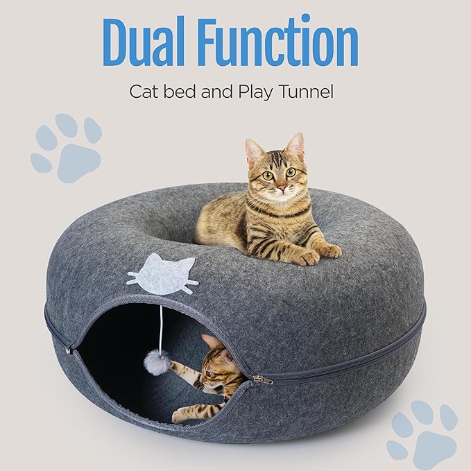 Meow Mansion Large Cat Cave Donut - Cat Tunnel; up to 30lbs - 3 Toy Balls & Hanging Ball Included - Scratch Resistant, Detachable and Cleanable Cat Donut Bed-Mewly Pet