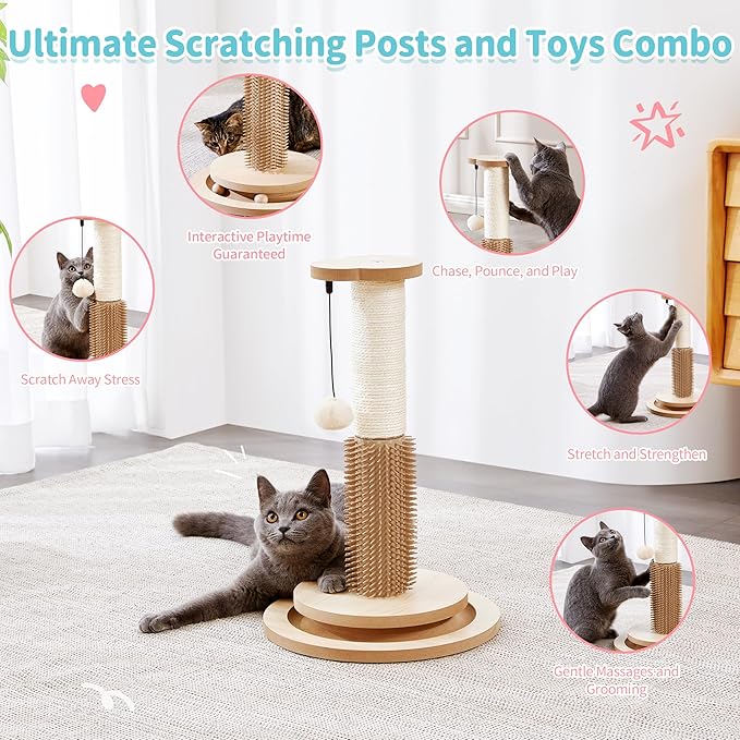 Made4Pets Cat Scratching Post 18" Tall for Small Kittens, 4-in-1 Cat Scratcher with Natural Sisal Ropes, Wooden Turntable Track Toy with Self Grooming Brush, Premium Scratch Pole with Plush Balls-Mewly Pet