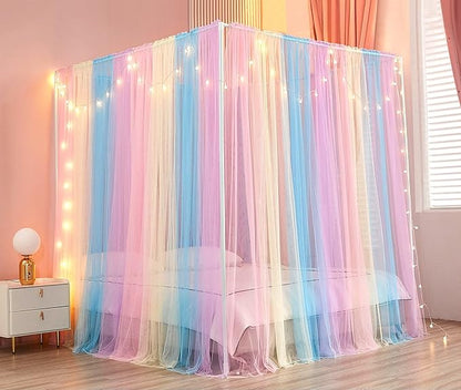 Akiky Canopy Bed Curtains with Lights 4 Corner Post Bed Canopy for Adults Girls, Rainbow Bed Drapes Netting-8 Panel Curtains,King