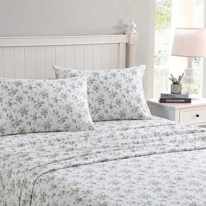 Laura Ashley - Flannel Sheets King Size, Anti-Pilling & Wrinkle Resistant Cotton, Touchably Soft for All-Season Comfort - Bed Sheets with Matching Pillowcases & Fitted Sheet (Le Fleur Cottage Blue)