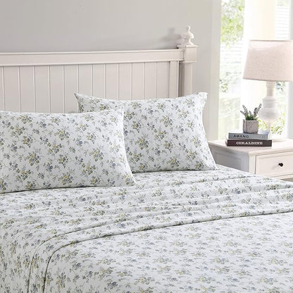 Laura Ashley - Flannel Sheets Full Size, Anti-Pilling & Wrinkle Resistant Cotton, Touchably Soft for All-Season Comfort - Bed Sheets with Matching Pillowcases & Fitted Sheet (Le Fleur Cottage Blue)