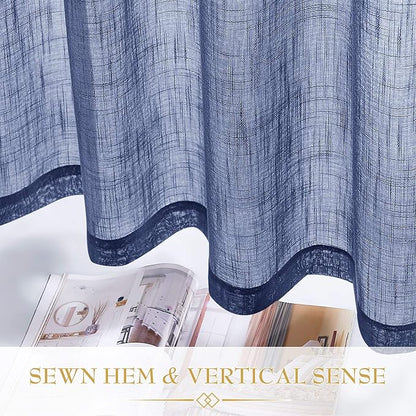 RYB Home Linen Sheer Curtains - Grommet Semi Sheer Privacy Farmhouse Curtain Panels for Bedroom Office Living Room, W 52 inch x L 45 inch, 2 Pcs, Navy Blue