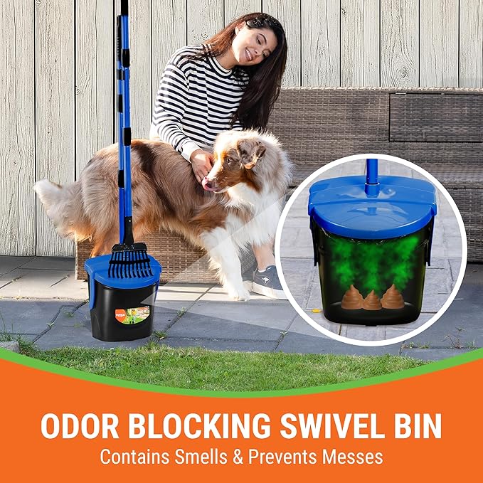 Dog Pooper Scooper with Bag Attachment, 40" Long Handle Pooper Scooper for Large Dogs, Dog Poop Scoop for Yard, Large Capacity Swivel Bin and Rake, Lavender Scented Bags (Blue)-Mewly Pet