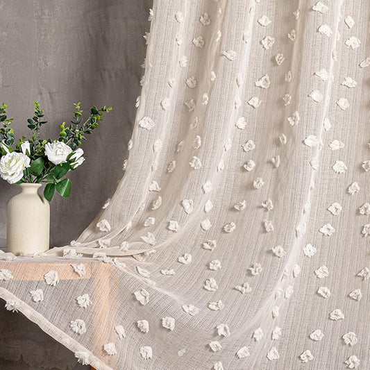 MYSKY HOME Pom Pom Beige Sheer Curtains for Bedroom Girls Room Curtains 108 Inches Long for Nursery Kids Light Filtering Boho Window Drapes, Rod Pocket, 38" Wide, 2 Panels