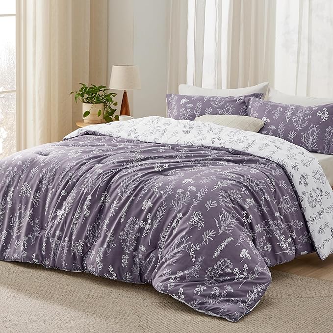 Bedsure King Comforter Set - Grayish Purple Bed Set, 3 Pieces Cute Floral Bedding, 1 Soft Reversible Botanical Flowers Comforter and 2 Pillow Shams