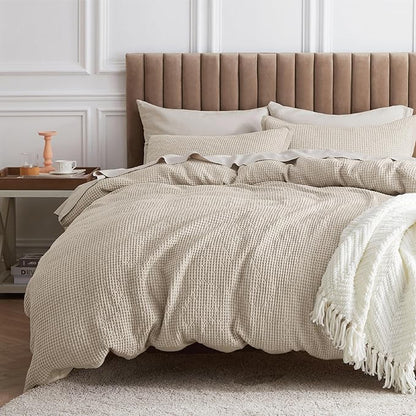 Bedsure Cotton Duvet Cover Set - 100% Cotton Waffle Weave Beige Duvet Cover Oversized King Size, GentleSoft™ and Breathable Bedding Set for All Season, 3 Pieces, 120"x98"