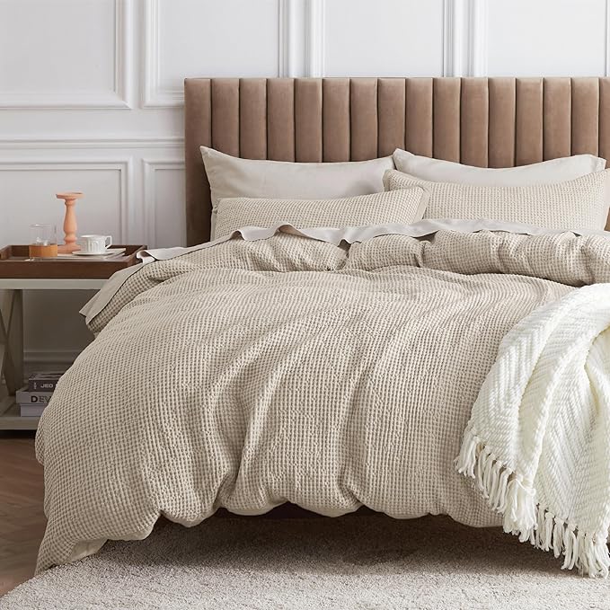 Bedsure Cotton Duvet Cover Set - 100% Cotton Waffle Weave Beige Duvet Cover California King, GentleSoft™ and Breathable Cal King Bedding Set for All Season, 3 Pieces, 104"x98"