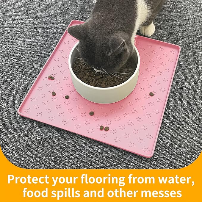 Ptlom Pet Placemat for Dog and Cat, Waterproof Non-Slip Silicone Feeding Bowl Mat Prevent Food and Water Overflow, Puppy Dish Feeder Fountain Trays Suitable for Medium and Small Pets, Pink-Mewly Pet