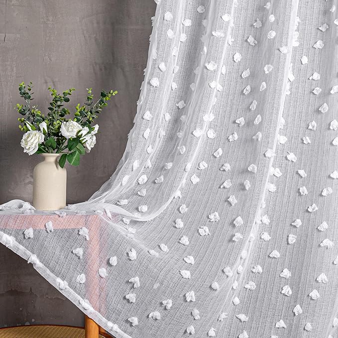 MYSKY HOME Pom Pom White Sheer Curtains for Bedroom Girls Room Curtains 72 Inches Long for Nursery Kids Light Filtering Boho Window Drapes, Rod Pocket, 52" Wide, 2 Panels