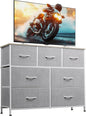 WLIVE 7 Drawer Dresser TV Stand, Entertainment Center, Media Console Table with Metal Frame and Wood Top for TV up to 45 inch, Chest of Drawers for Bedroom, Living Room, Light Grey