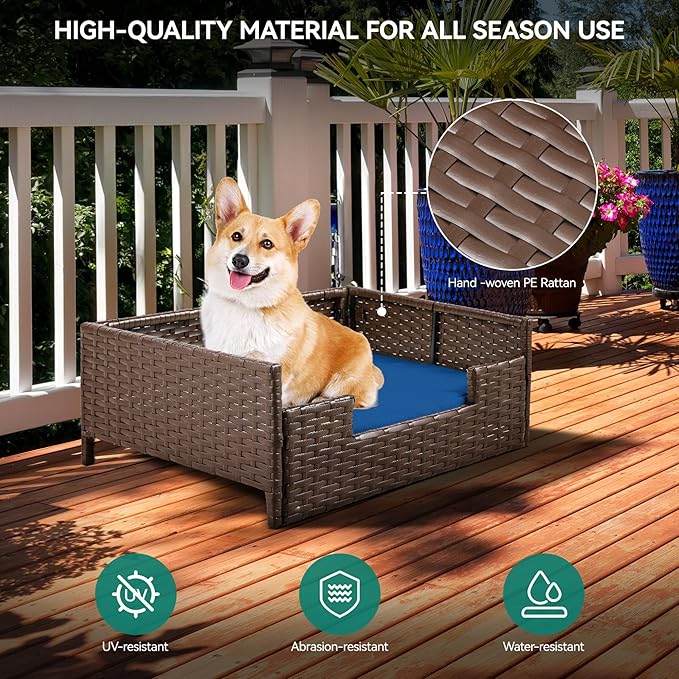 YITAHOME Rattan Dog Sofa Bed with Cushion,Wicker Pet Bed Sofa Couch Indoor Outdoor Water Unaffected for Large Medium Small Dogs Cats (24.8''L*19.7''W*9.8'',Blue)-Mewly Pet