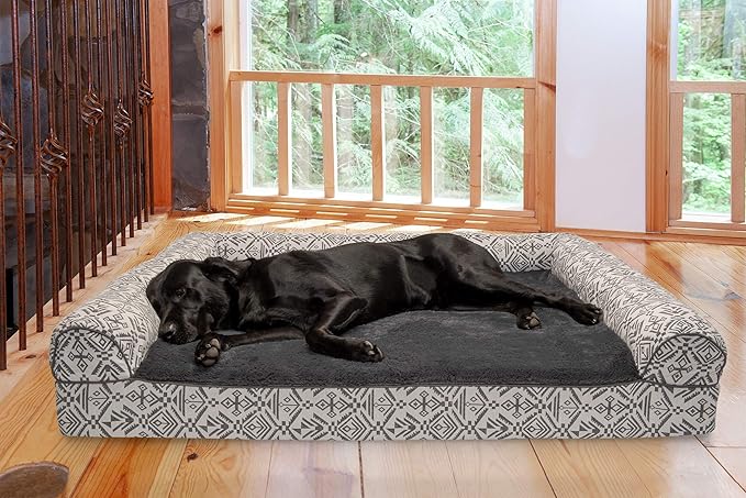 Furhaven Orthopedic Dog Bed for Large Dogs w/ Removable Bolsters & Washable Cover, For Dogs Up to 125 lbs - Plush & Southwest Kilim Woven Decor Sofa - Boulder Gray, Jumbo Plus/XXL-Mewly Pet