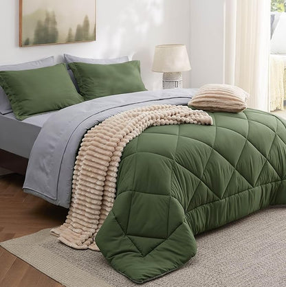 Bedsure Twin Size Comforter Set - 7 Pieces Reversible Olive Green Bedding, Twin Size Bed Set for All Seasons, Bed in a Bag with Down Alternative Comforter, Sheets, Pillowcase & Sham