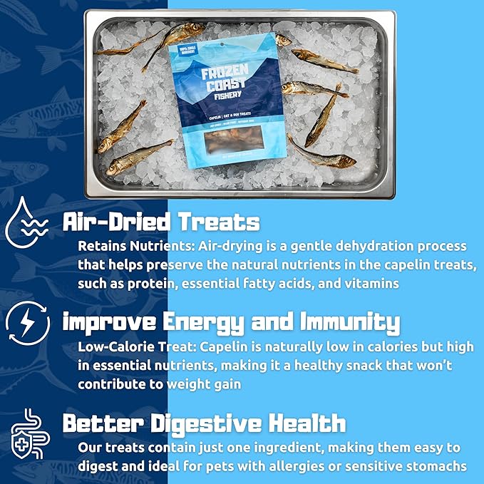Frozen Coast Capelin Cat & Dog Treats- Single-Ingredient, All-Natural, High-Protein, Omega-3s, Fish Snacks (3 oz Bag)-Mewly Pet