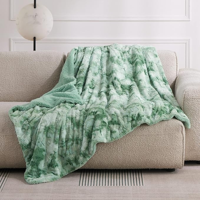 Bedsure GentleSoft Sherpa Fluffy Throw Blanket - Fleece Warm and Cozy Throw for Women Gift, Plush & Fuzzy Faux Fur Christmas Blanket for Couch, Bed Decor, Tie Dye Design, Sage Green, 50x60 Inches
