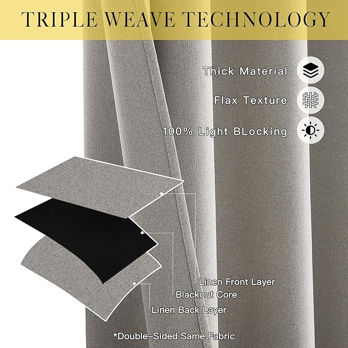 NICETOWN Extra Wide 100% Blackout Linen Curtain Panel, Light Grey, 100 inch per Panel, Energy Smart Divider Room Drape Thermal Insulated Drape for Shift Worker, Bedroom