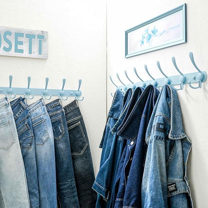 Dseap Coat Rack Wall Mount - 29.5” Long 8-Tri-Hooks Heavy Duty Coat Hanger Rail Wall Hooks for Hanging Coats Hats Clothing Clothes Purse Mudroom Entryway, Blue, Pack of 2