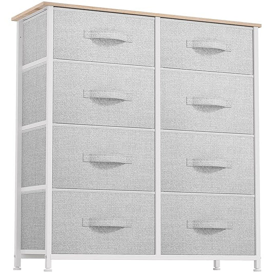 DWVO Fabric Dresser for Bedroom, Tall Dresser with 8 Drawers, Storage Tower with Fabric Bins, Chest of Drawers for Closet & Living Room - Sturdy Steel Frame, Wooden Top