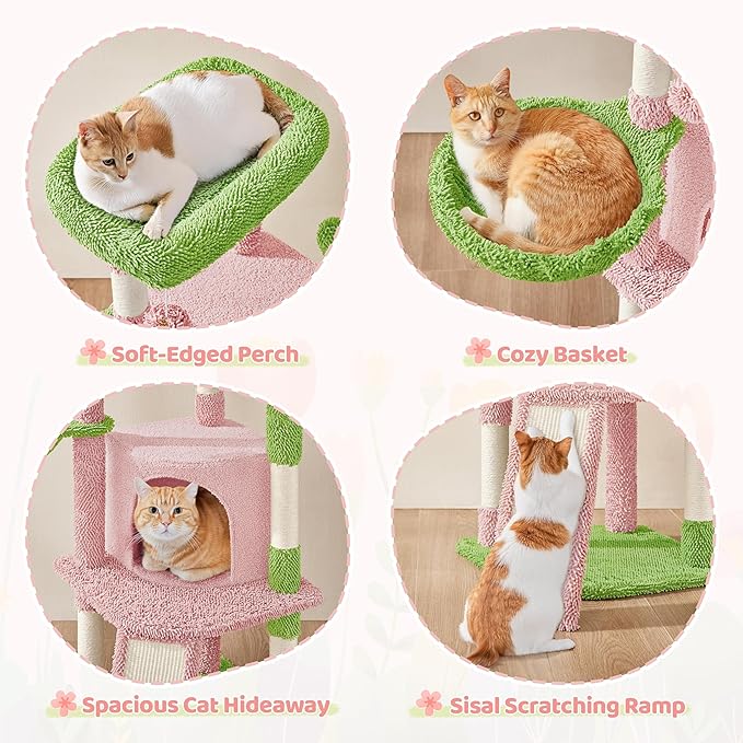 Yaheetech Cactus Cat Tree, 42in Cat Tower for Indoor Cats, Multi Level Kitten Condo Scratching Post, Pet Activity Center Furniture w/Ball, Plush Perch, Platform, Basket, Pink/Green-Mewly Pet