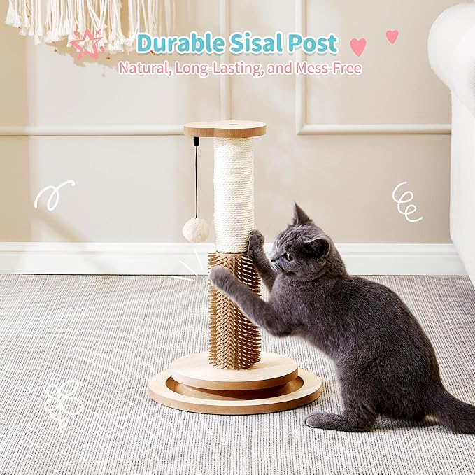 Made4Pets Cat Scratching Post 18" Tall for Small Kittens, 4-in-1 Cat Scratcher with Natural Sisal Ropes, Wooden Turntable Track Toy with Self Grooming Brush, Premium Scratch Pole with Plush Balls-Mewly Pet