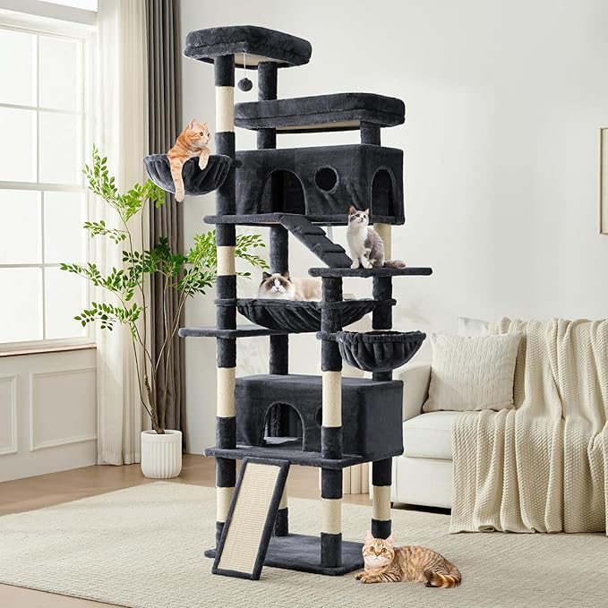Cat Tree, 80-Inch Large Cat Tower with 9 Scratching Posts, 2 Perches, 2 Caves, 2 Basket, 2 Stairs, Extra Large Hammock, Pompoms, Multi-Level Plush Cat Condo for Indoor Cats/Smoky Grey-Mewly Pet