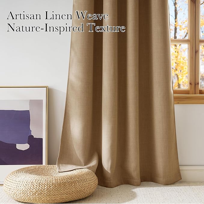 NICETOWN Short Faux Linen Caramel Blackout Curtains 63 inches Long for Kitchen - Privacy Panels for Living Room Bedroom, Modern Farmhouse Style Easy Care Grommet Top, 2 Panels, W42 by L63