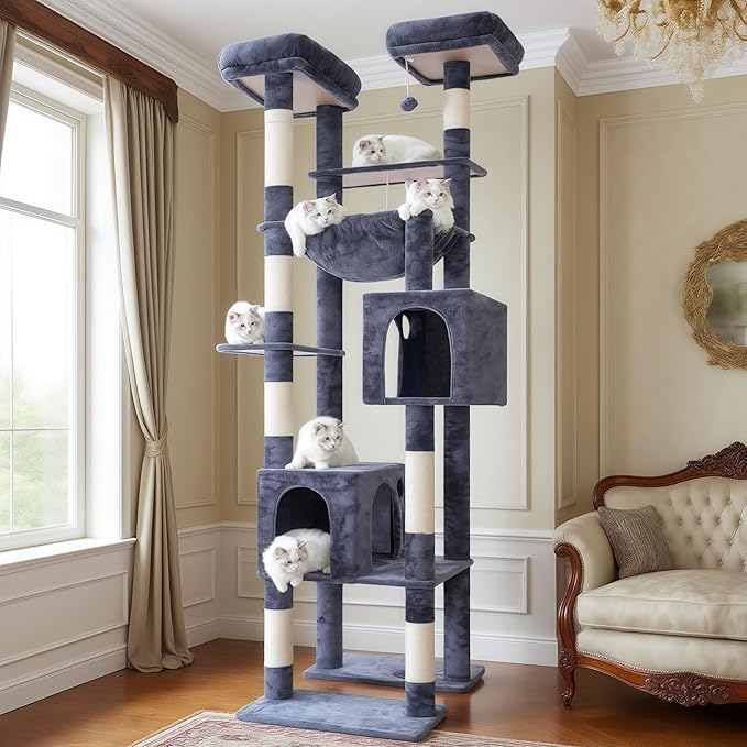 Hey-brother Tall Cat Tree Tower, Heavy Duty Scratching Posts with Large Platforms, Cozy Condos, Big Hammock, Toy Balls, Multi-Level Furniture for Indoor Adult Cats, 80.7 Inches, Smoky Gray MPJ039G-Mewly Pet