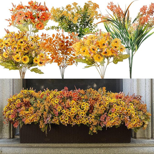 10pcs Fall Artificial Outdoor Branch with Sunflower Daisy for Indoor Outside Hanging Plants Garden Porch Window Box Home Wedding Farmhouse Décor