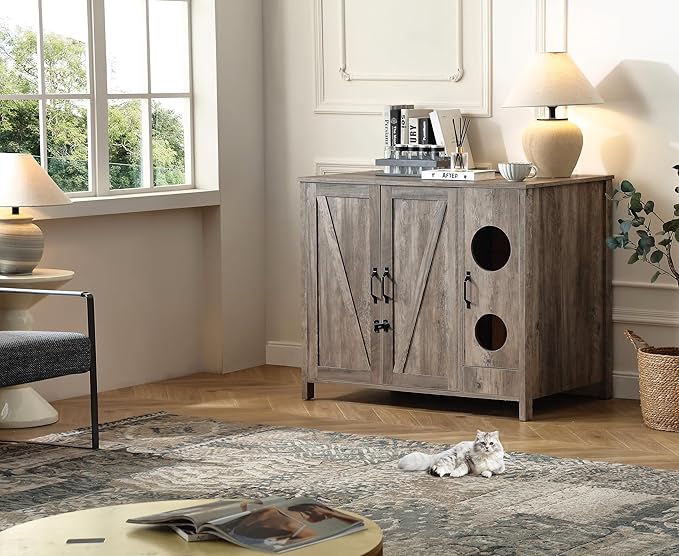 Cat Litter Robot Enclosure, Automatic Litter Box Enclosure for Litter Robot 3/4,Cat-Exclusive entrace for Dog Proof and Fun,Charging Station for cat Litter Cabinet,Litter Collector and Lock,Grey-Mewly Pet