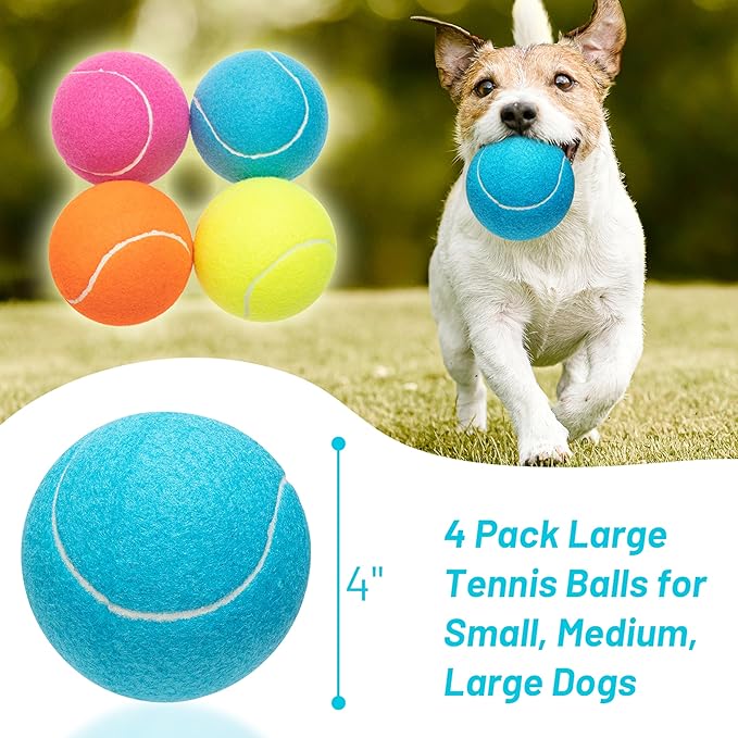 Large Dog Tennis Balls 4-Pack, 4 inch Interactive Big Dog Toy Ball for Small Medium Large Dogs, Dog Toys for Outdoor/Indoor Sports, Fetch, Training & Play-Mewly Pet