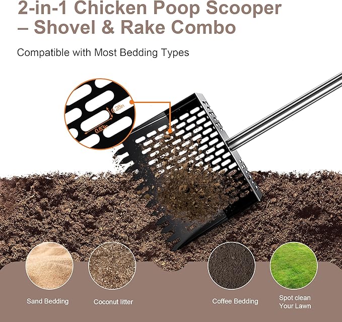 Chicken Poop Scooper - Metal Sifting Shovel & Rake 2-in-1 with Adjustable Stainless Steel Handle (37"-65"), Sand Shovel for Chicken Coops, Farm Animal Waste-Mewly Pet