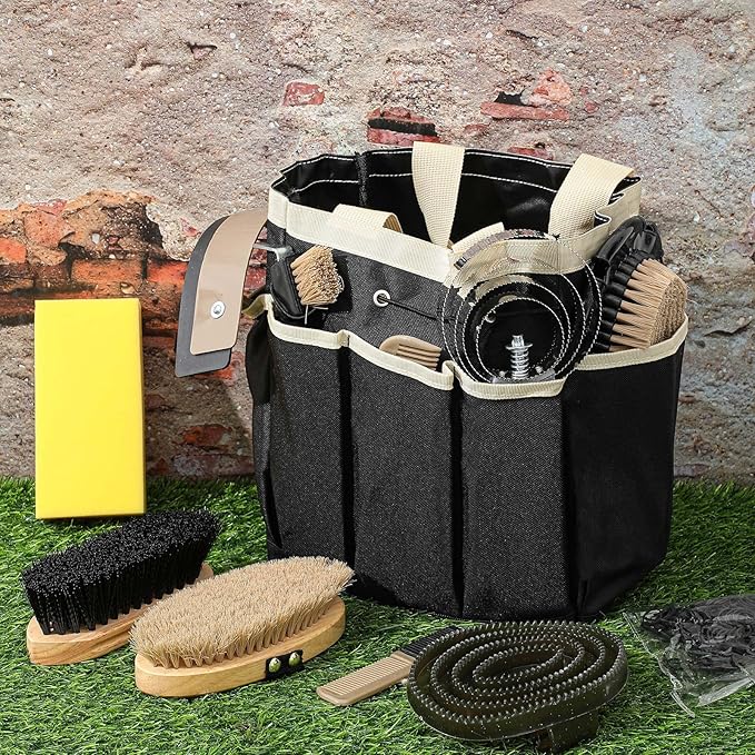 Abbylike 12 Pieces Horse Grooming Kit with Organizer Tote Bag Tack Room Supplies Horse Brush Sets Equine Care Cleaning Kit Shedding Grooming Massaging Tools(Khaki)-Mewly Pet