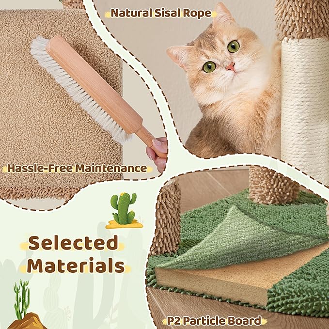 Yaheetech Cactus Cat Tree, 42in Cat Tower for Indoor Cats, Multi Level Kitten Condo Scratching Post, Pet Activity Center Furniture w/Ball, Plush Perch, Platform, Basket, Brown/Green-Mewly Pet