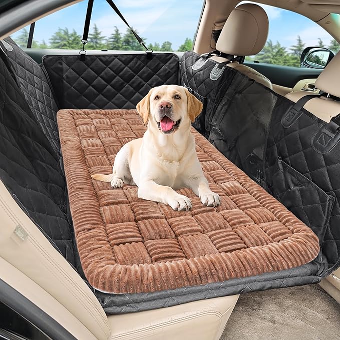 Dog Car Bed Mat, Non-Slip Backseat Extender Pet Blanket, Plaid Dog Bed for Trucks, Sedans & Large SUVs, Chew-Resistant Travel Pad for Dogs, Easy Clean & Scratch-Proof & Comfort（56"x28.7" Brown-Mewly Pet