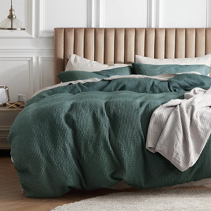Bedsure Cotton Duvet Cover Queen - 100% Cotton Waffle Weave Forest Green Duvet Cover Queen Size, GentleSoft™ and Breathable Bedding Set for All Season, 3 Pieces, 90"x90"