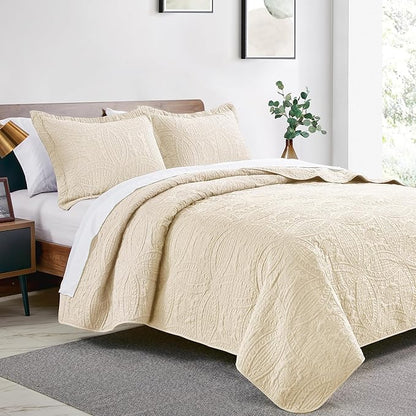 Love's cabin King Size Quilt Bedding Set Beige Bedspreads - Bed Summer Lightweight Bedspread Comforter - Coin Pattern Bedding Coverlet for All Season - 3 Pieces (1 Quilt, 2 Pillow Shams)