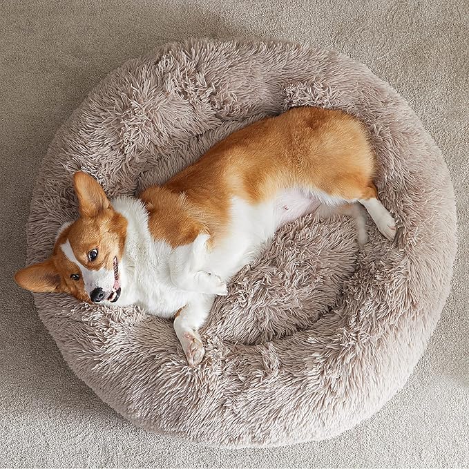 WNPETHOME Calming Dog Bed Cat Bed Donut, Faux Fur Pet Bed Self-Warming Donut Cuddler, Comfortable Round Plush Dog Beds (30 x 30 x 10 Inch, Brown)-Mewly Pet