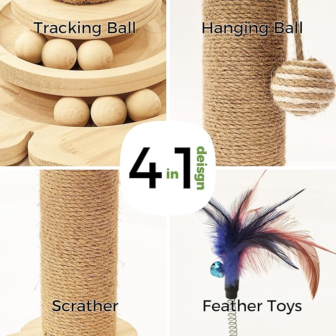 Cat Scratching Post, Cat Scratcher Toy for Indoor Cats, 17.3" Tall Scratch Post with 2-Layer Ball Tracks, Interactive Feather Toy and Sisal Hanging Ball, Banana Tree Cat Tower for Kittens-Mewly Pet