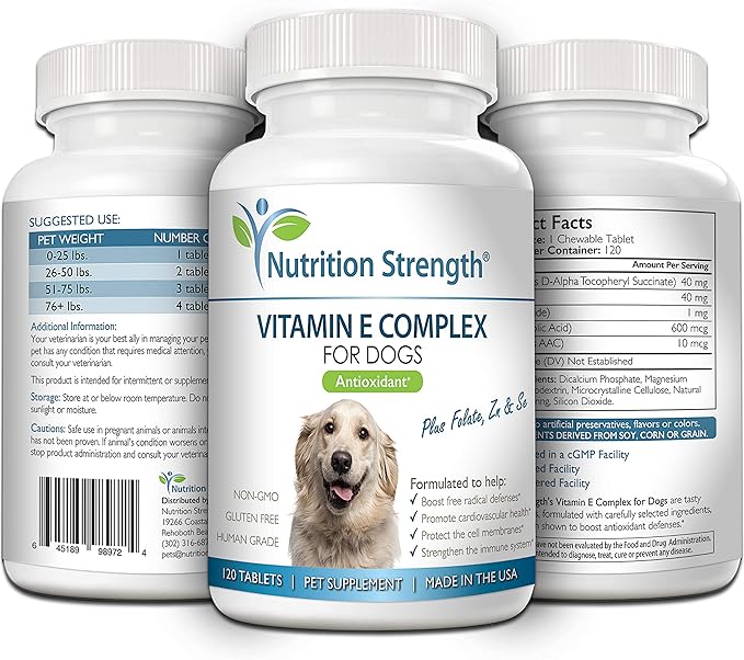 Vitamin E for Dogs, Promote Cardiovascular Health, Support Cell Membranes, Vitamin E Complex to Boost Dog Immune System Plus Zinc, Selenium, Folate, Salmon Oil, 120 Chewable Tablets-Mewly Pet
