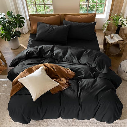 MooMee Bedding Duvet Cover Set 100% Washed Cotton Linen Like Textured Breathable Durable Soft Comfy (Solid Black, Cal King 104"x98")