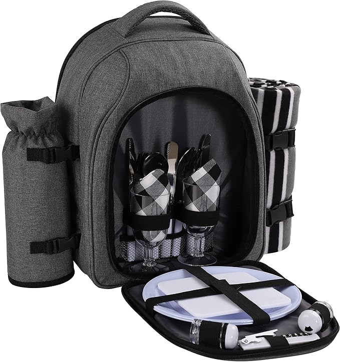 apollo walker Picnic Backpack Bag for 2 Person with Cooler Compartment, Detachable Bottle/Wine Holder, Fleece Blanket, Plates and Cutlery Set (2Person,Grey)-Mewly Pet