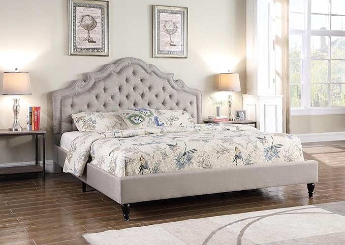 HomeLife Premiere Classics 51" Tall Platform Bed with Cloth Headboard and Slats - King (Light Grey Linen)