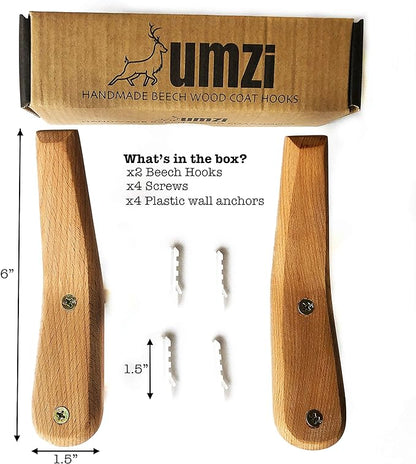 UMZi Wood Wall Hooks, 2 Pack Coat Hooks Mounted Rustic Wooden Heavy Duty Robe Hook Hat Rack | for Hanging Bathroom Towels Clothes Hanger (Beech Wood)